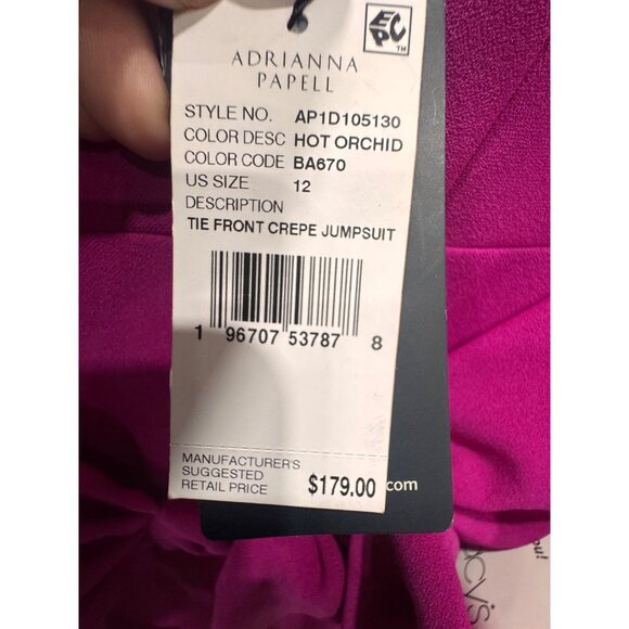 Adrianna Papell Hot Orchid Tie-Front Crepe Jumpsuit Size 12 Long Sleeve V-Neck M - Picture 3 of 8